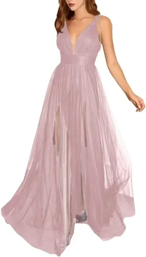 Womens Tulle Long Prom Dresses Spaghetti Strap Deep V-Neck Split Formal Evening Wedding Party Gowns