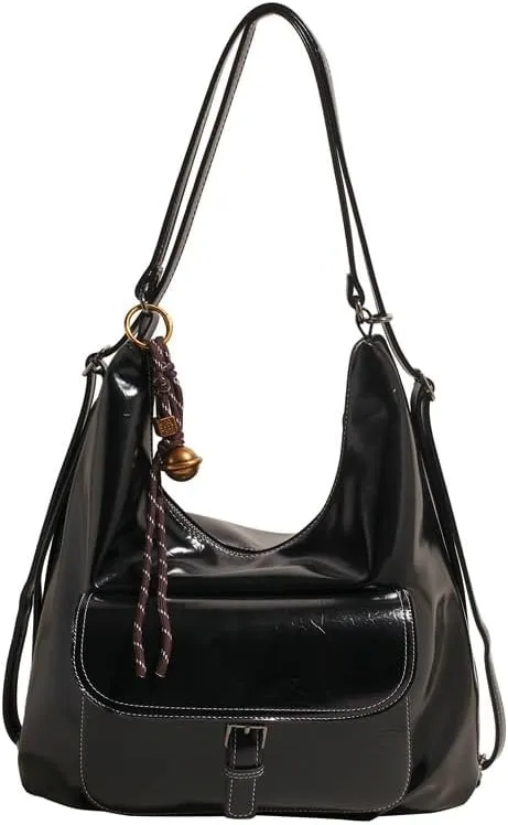 Women's Vintage Convertible Backpack Stylish Large-Capacity Shoulder Crossbody Bag for Work Travel Daily Use, Elegant Design (Black)