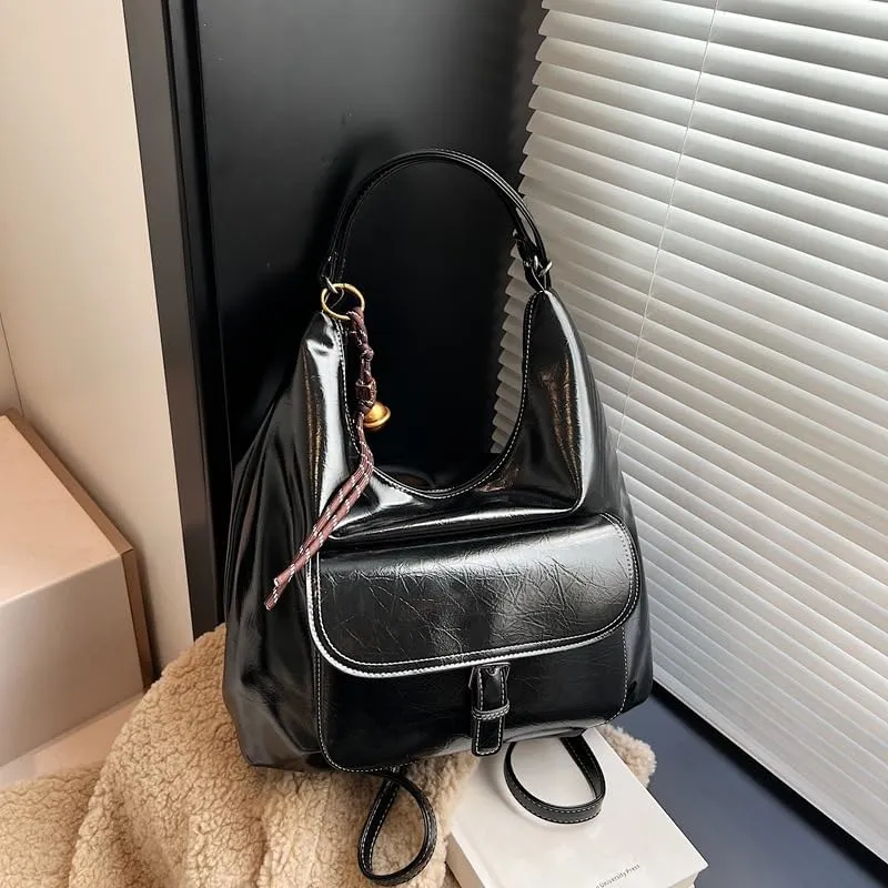 Women's Vintage Convertible Backpack Stylish Large-Capacity Shoulder Crossbody Bag for Work Travel Daily Use, Elegant Design (Black)