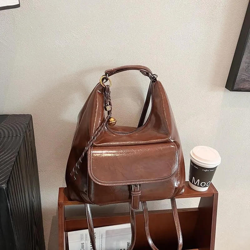 Women's Vintage Convertible Backpack Stylish Large-Capacity Shoulder Crossbody Bag for Work Travel Daily Use, Elegant Design (Brown)