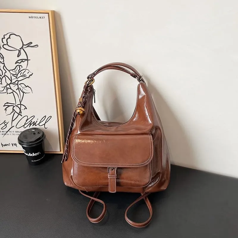 Women's Vintage Convertible Backpack Stylish Large-Capacity Shoulder Crossbody Bag for Work Travel Daily Use, Elegant Design (Brown)