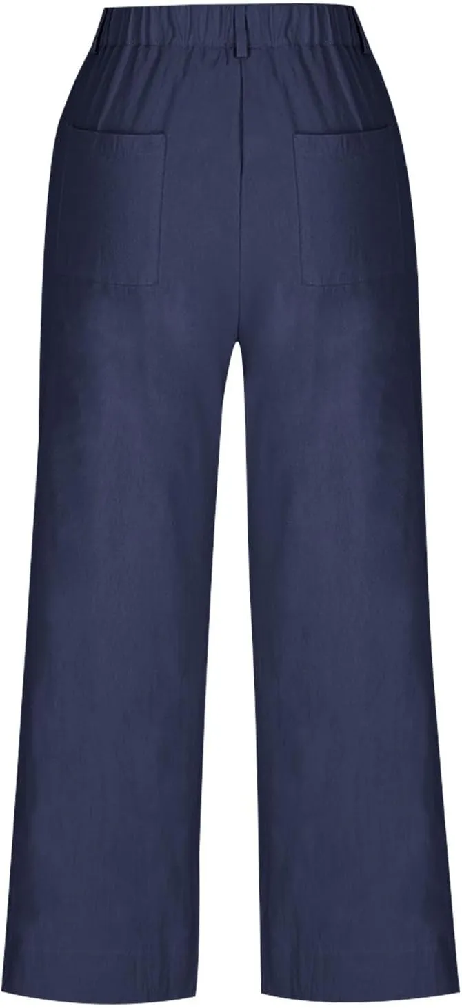 Womens Wide Leg Cotton Linen Button Pants High Waisted Loose Flare Ankle Pant Casual Business Office Work Trouser