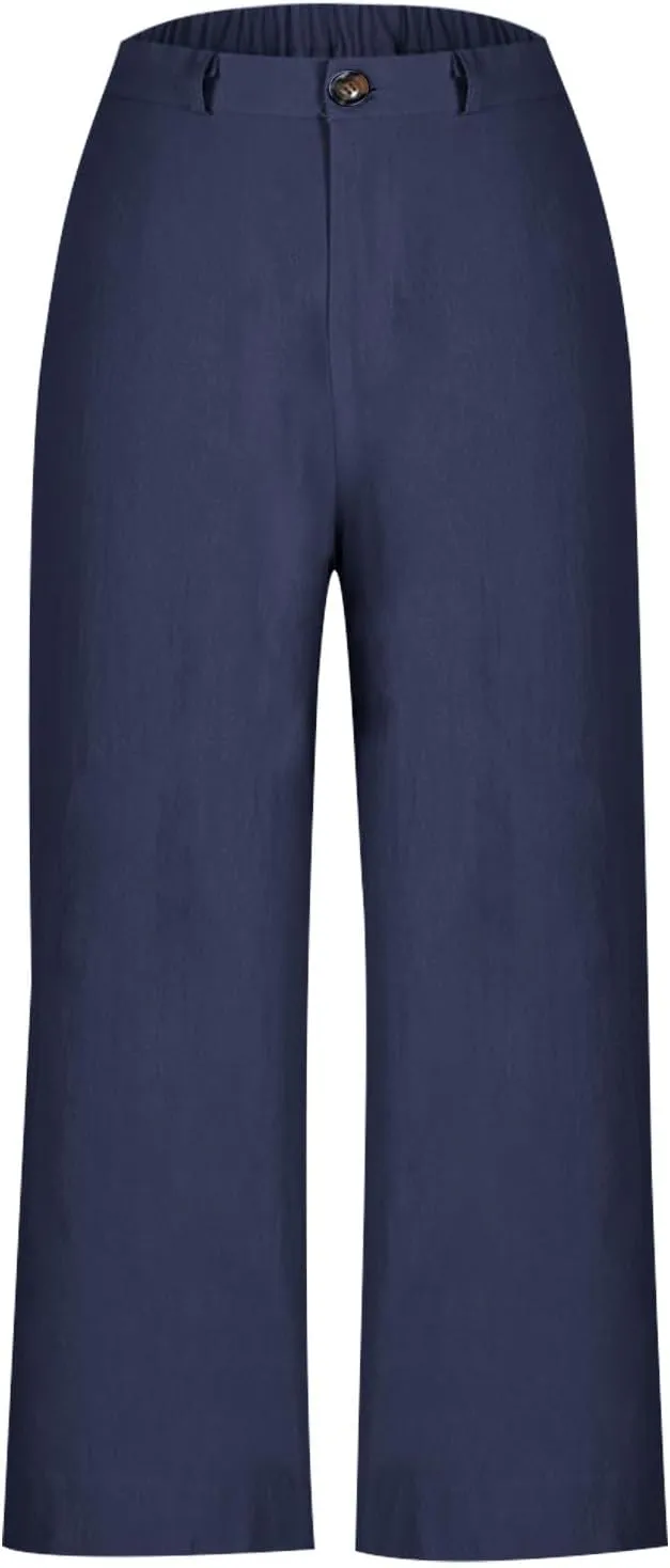 Womens Wide Leg Cotton Linen Button Pants High Waisted Loose Flare Ankle Pant Casual Business Office Work Trouser