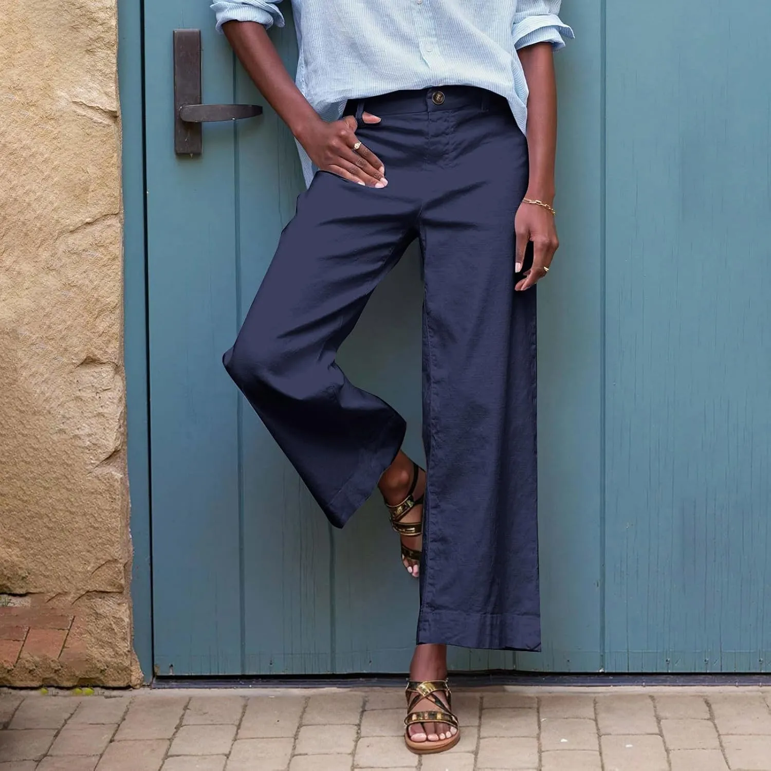 Womens Wide Leg Cotton Linen Button Pants High Waisted Loose Flare Ankle Pant Casual Business Office Work Trouser