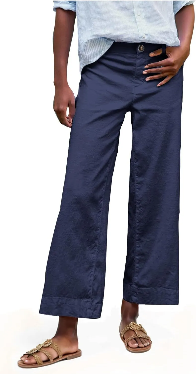 Womens Wide Leg Cotton Linen Button Pants High Waisted Loose Flare Ankle Pant Casual Business Office Work Trouser
