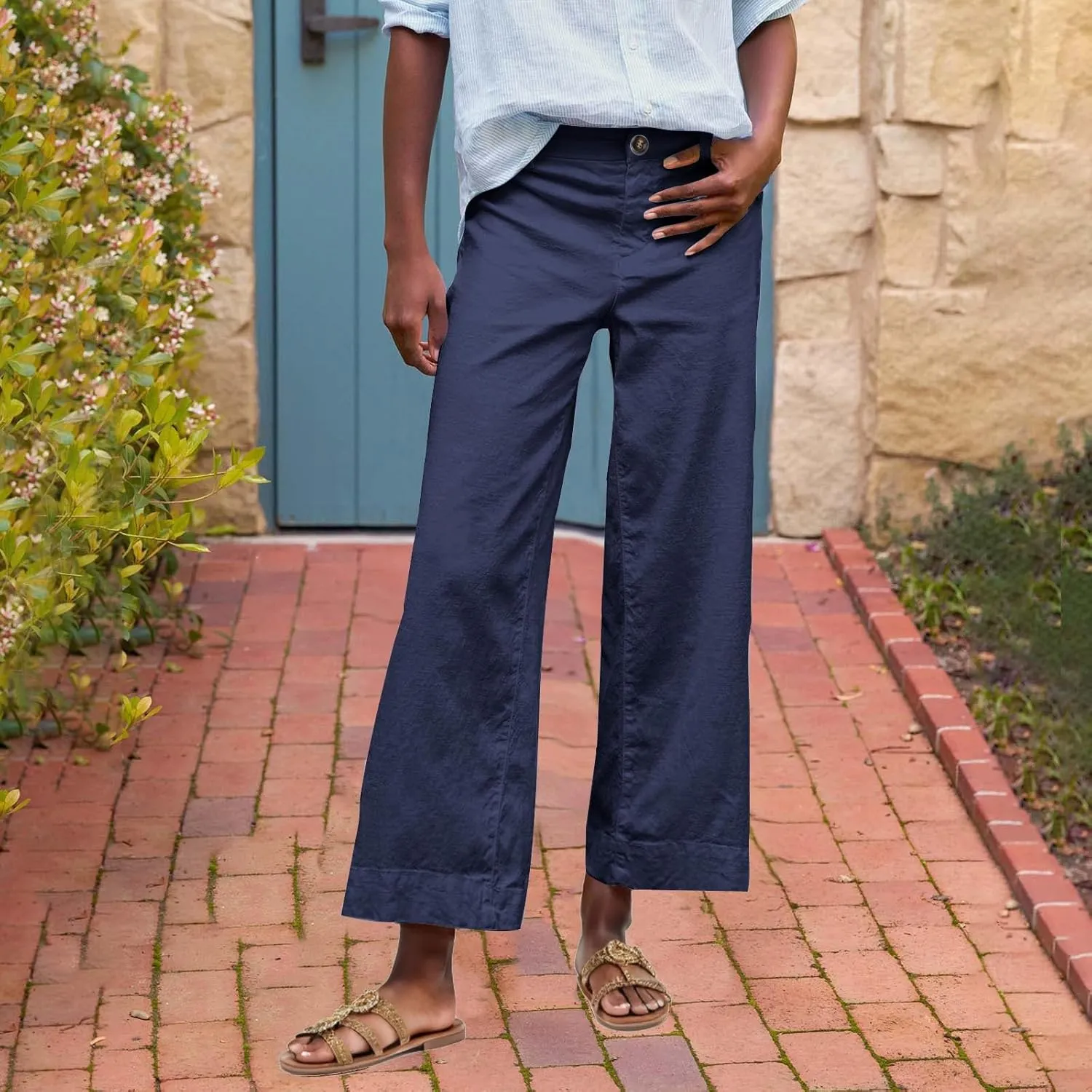 Womens Wide Leg Cotton Linen Button Pants High Waisted Loose Flare Ankle Pant Casual Business Office Work Trouser