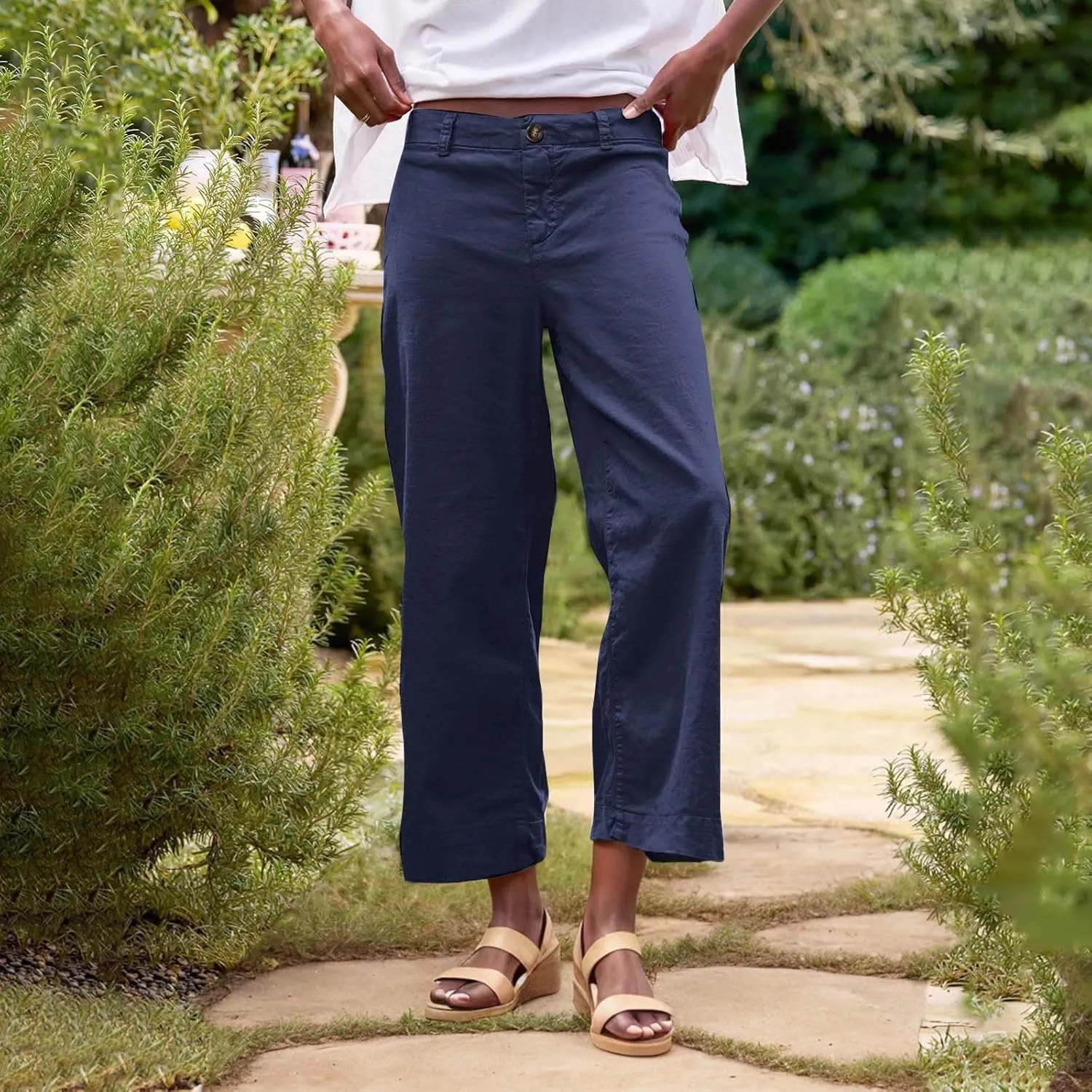 Womens Wide Leg Cotton Linen Button Pants High Waisted Loose Flare Ankle Pant Casual Business Office Work Trouser