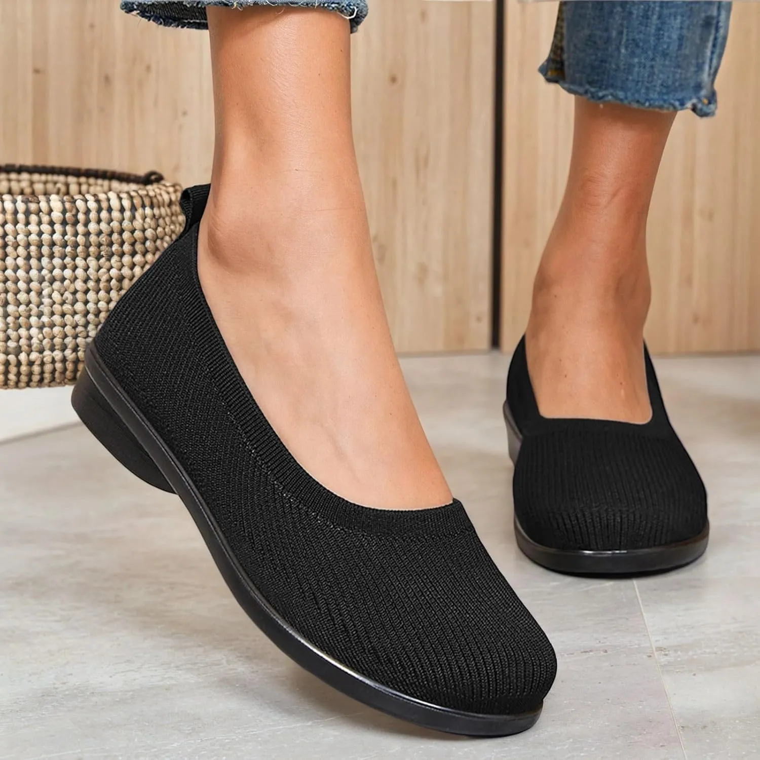 Women's Wide Width Ballet Flats with Arch Support - Knitted Breathable Round Toe Slip-Ons for Office & Formal Occasions, Lightweight Cushioned Insole Dress Shoes
