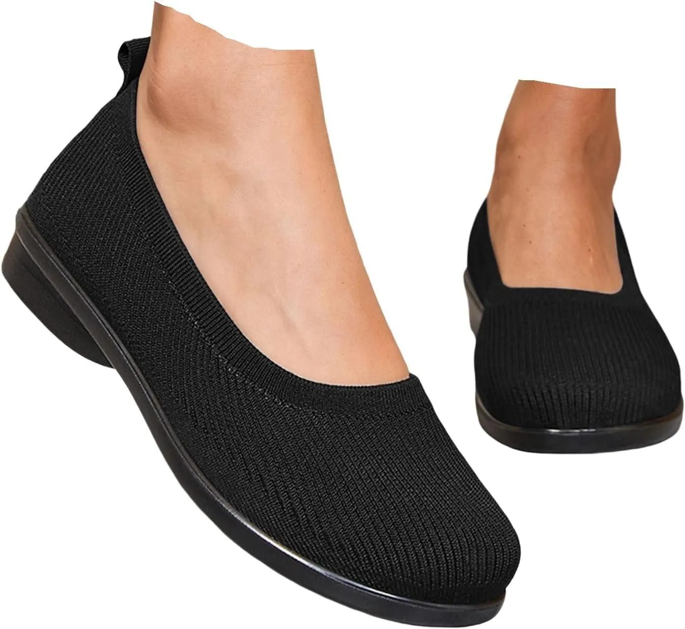 Women's Wide Width Ballet Flats with Arch Support - Knitted Breathable Round Toe Slip-Ons for Office & Formal Occasions, Lightweight Cushioned Insole Dress Shoes