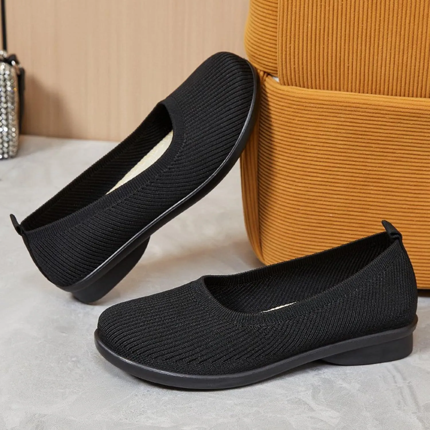 Women's Wide Width Ballet Flats with Arch Support - Knitted Breathable Round Toe Slip-Ons for Office & Formal Occasions, Lightweight Cushioned Insole Dress Shoes