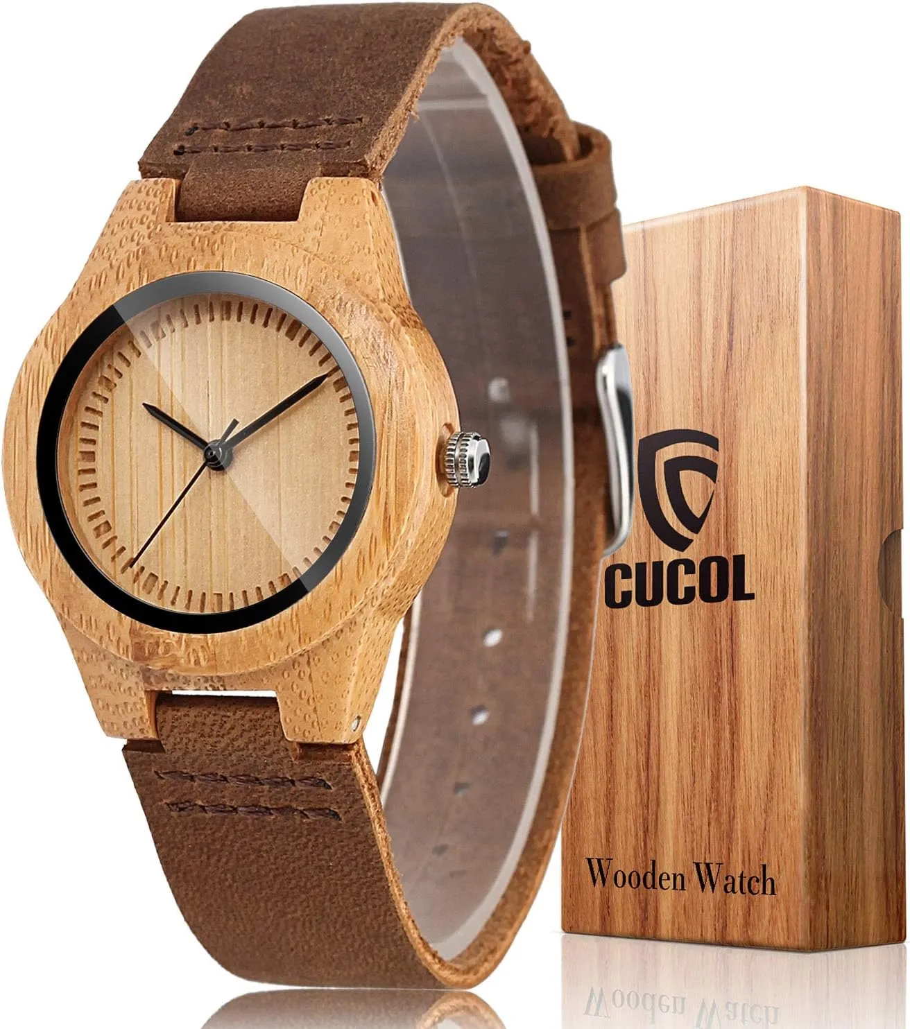 Womens Wooden Bamboo Watches Brown Genuine Cowhide Leather Strap Wristwatch with Gift Box