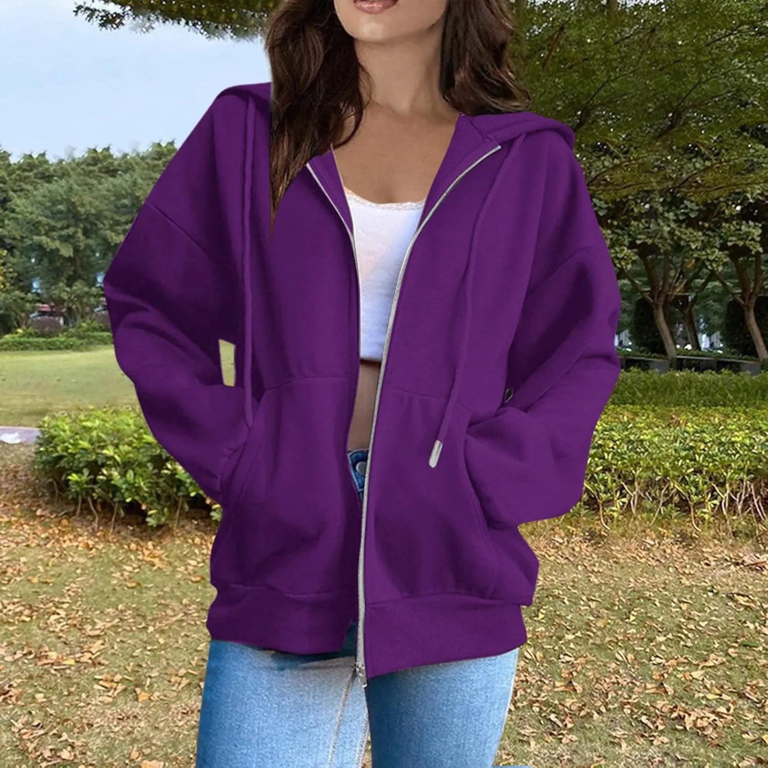 Women's Zip Up Hoodies Casual Fashion Solid Color Long Sleeve Drawstring Pullover Sweatshirt Tops With Pockets