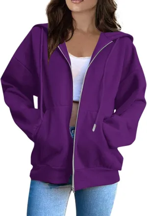 Women's Zip Up Hoodies Casual Fashion Solid Color Long Sleeve Drawstring Pullover Sweatshirt Tops With Pockets