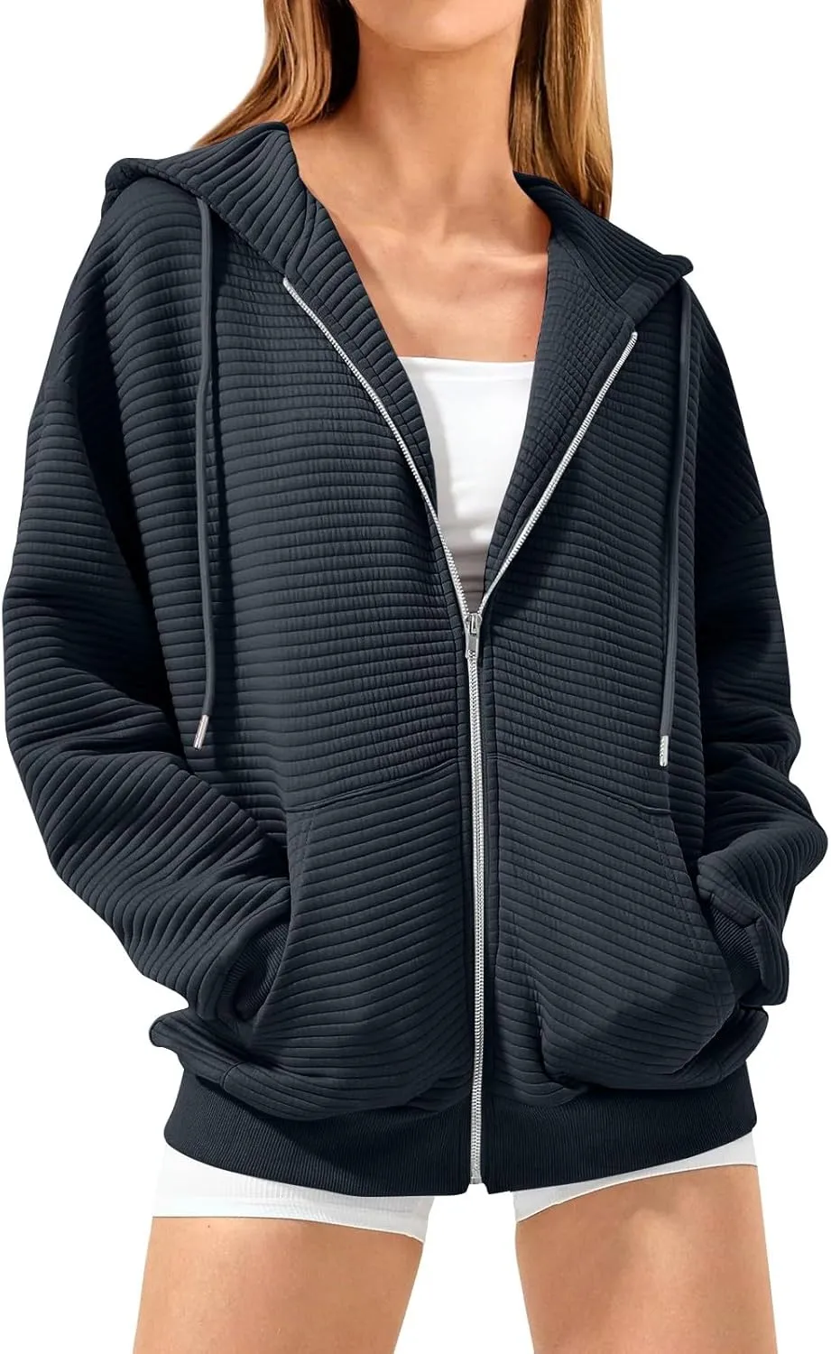 Womens Zip Up Hoodies Y2k Long Sleeve Cute Trendy Fleece Jacket Comfort Loose Fit Oversized Sweatshirt with Pockets