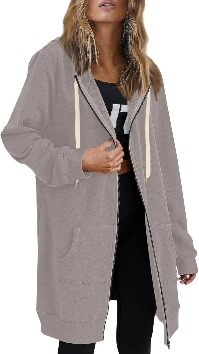 Women's Zip Up Long Hoodies Jacket Long Sleeve Drawstring Hooded Sweatshirt Coat 2024 Fall Winter Pocket Outerwear