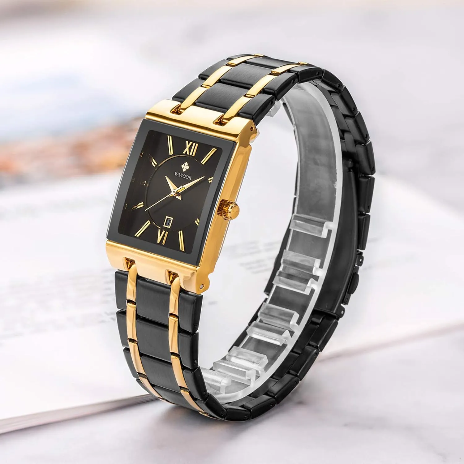 WWOOR Square Watches for Men Stainless Steel Mens Square Watch with Date Original Waterproof Analog Quartz Fashion Business Casual Wristwatch