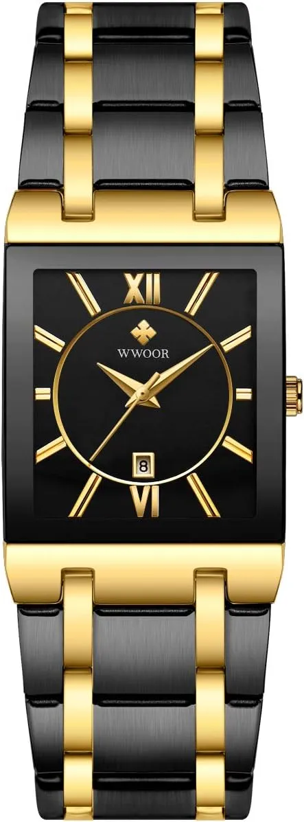 WWOOR Square Watches for Men Stainless Steel Mens Square Watch with Date Original Waterproof Analog Quartz Fashion Business Casual Wristwatch
