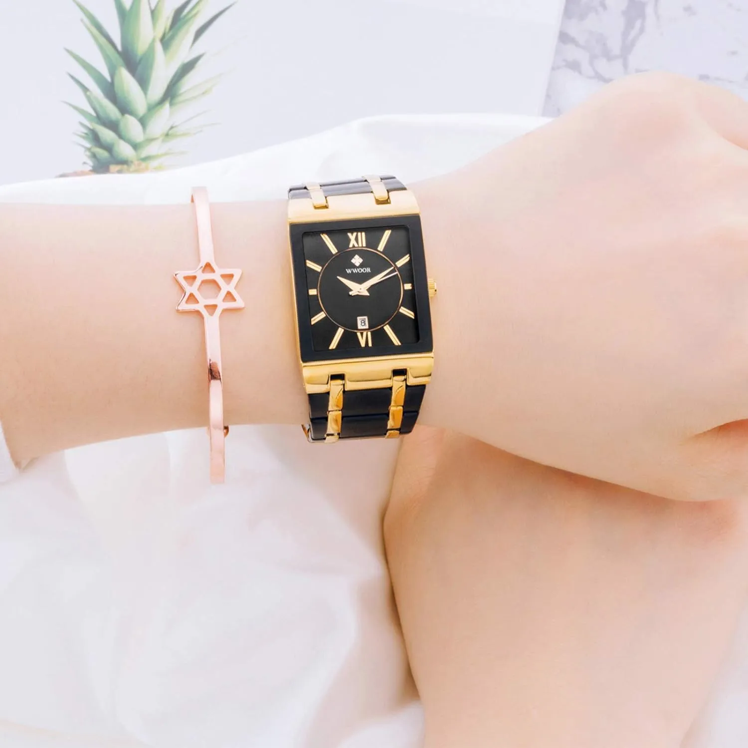 WWOOR Square Watches for Men Stainless Steel Mens Square Watch with Date Original Waterproof Analog Quartz Fashion Business Casual Wristwatch