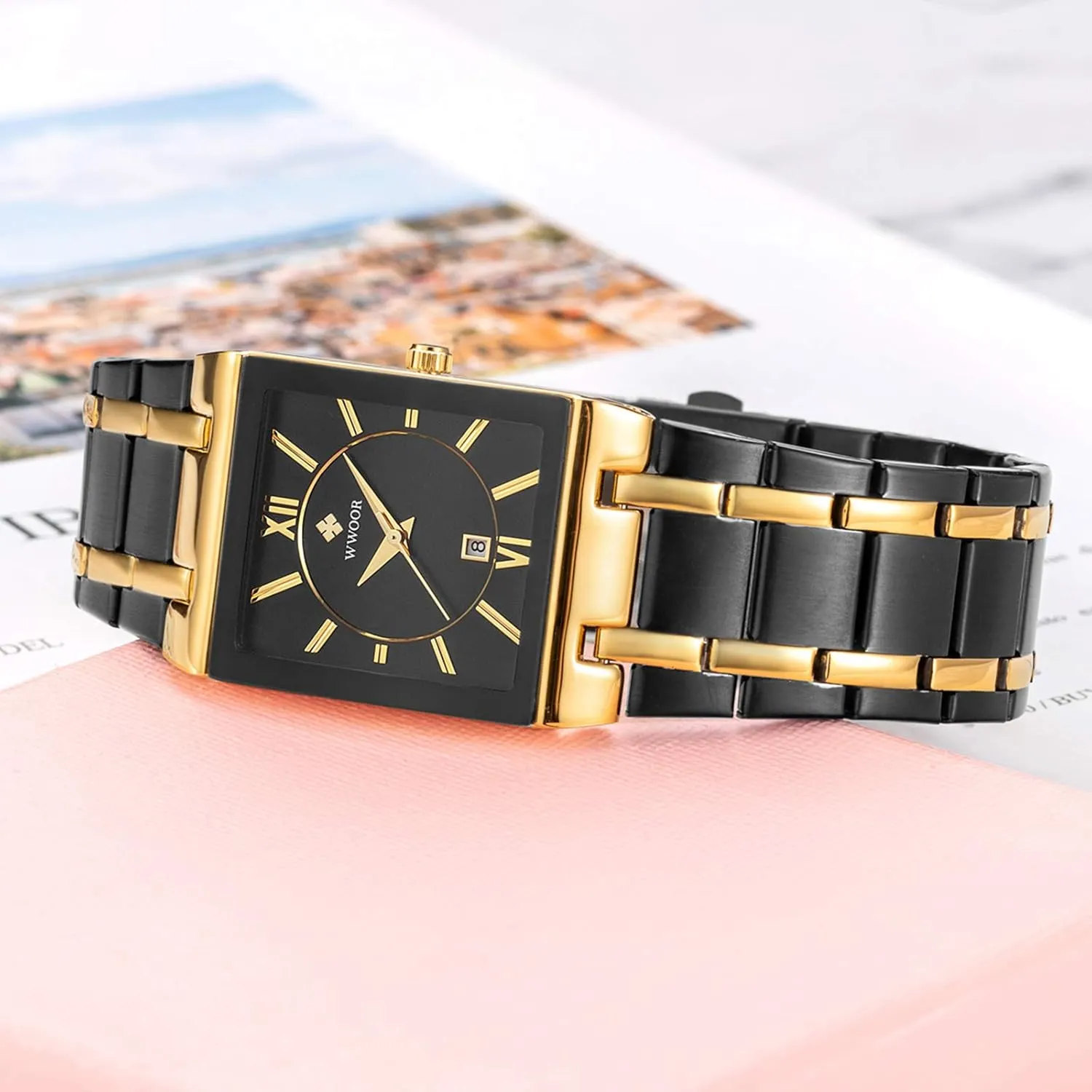 WWOOR Square Watches for Men Stainless Steel Mens Square Watch with Date Original Waterproof Analog Quartz Fashion Business Casual Wristwatch