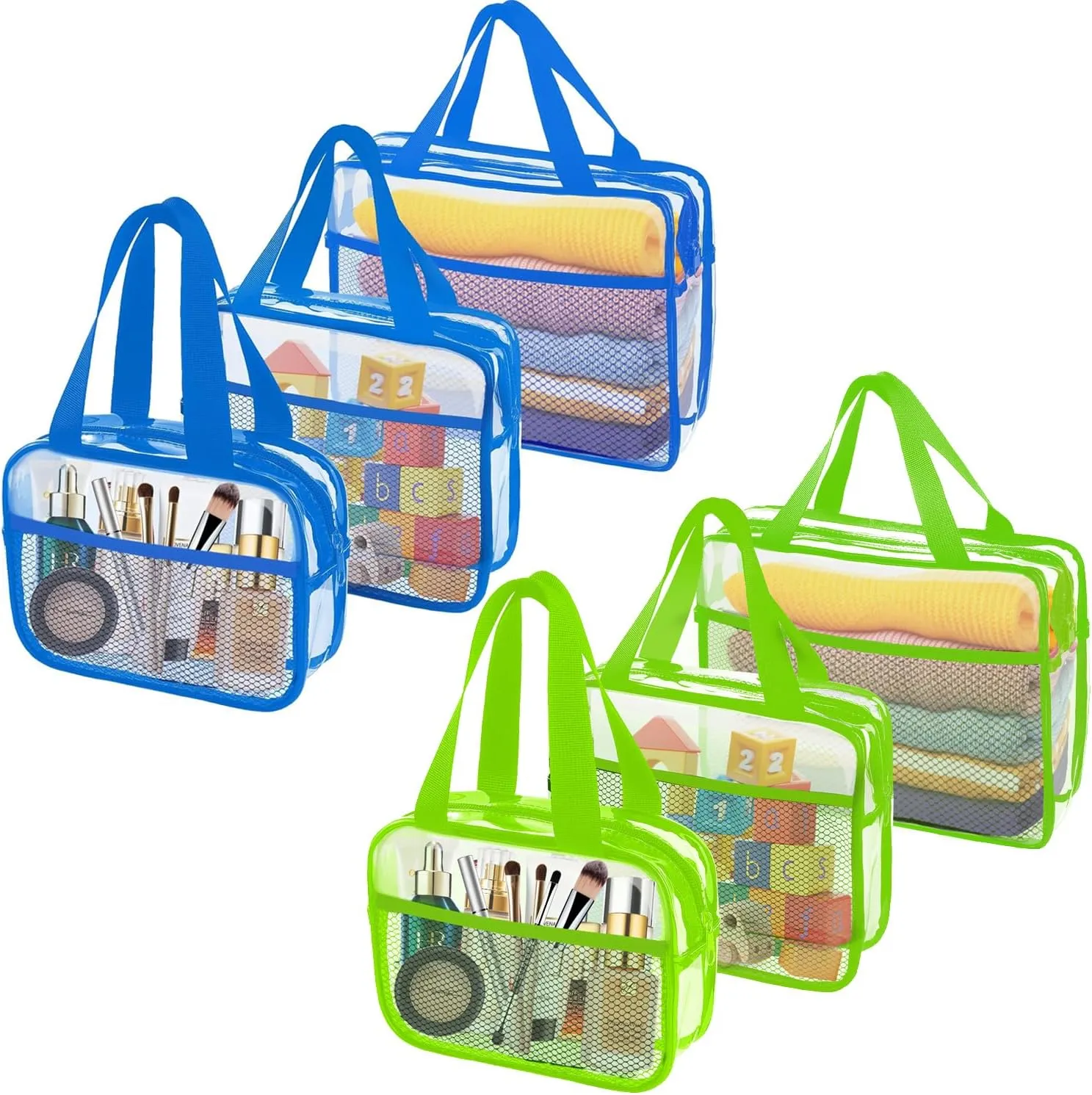 XEWEA Clear Travel Toiletry Bags,6 Pack TSA Approved Transparent Makeup Bag for Men Women, Large Waterproof PVC Quart Organizer with Zipper for Toiletries Airline Essentials,Toy Storage Blue Green