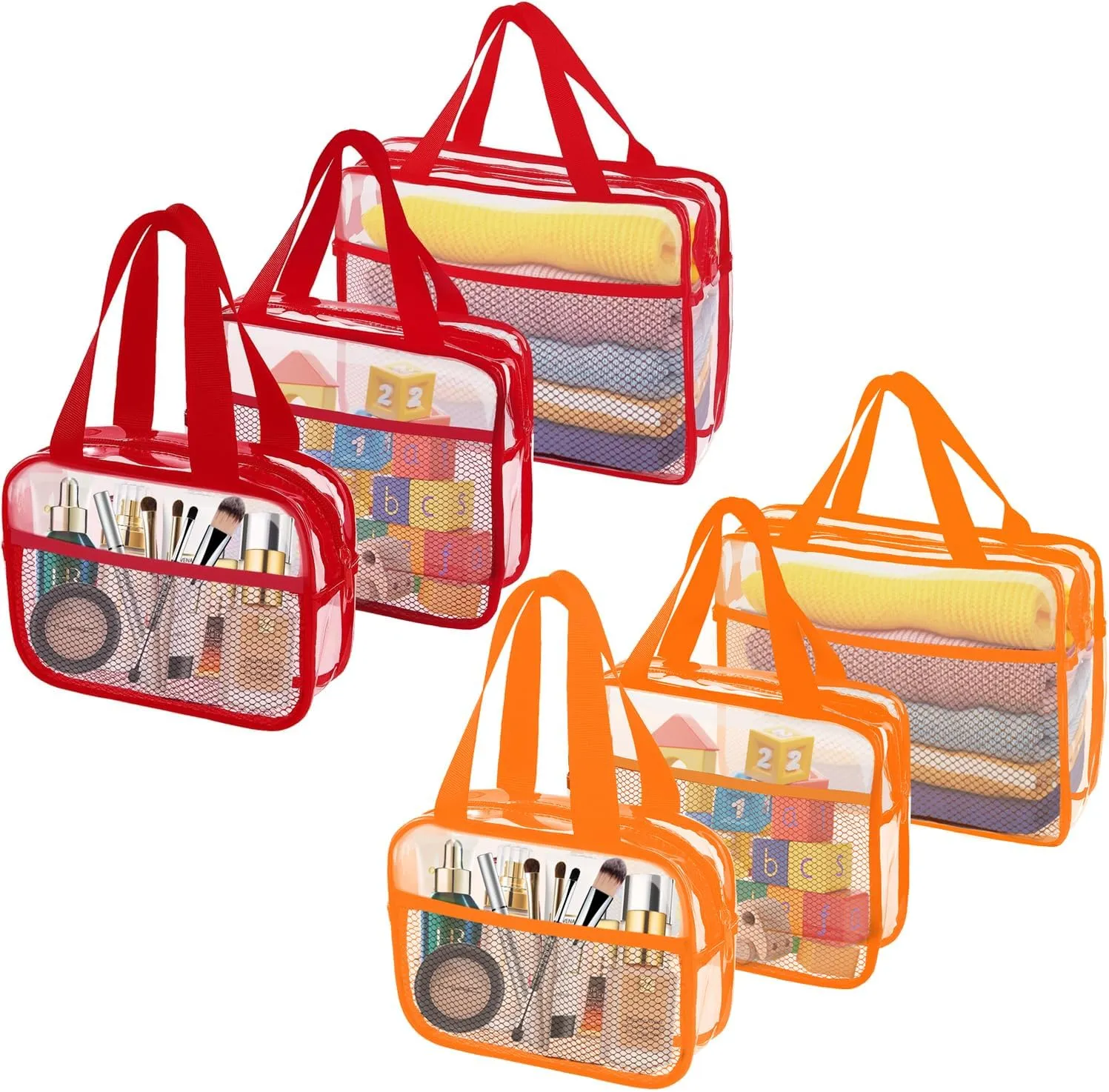 XEWEA Clear Travel Toiletry Bags,6 Pack TSA Approved Transparent Makeup Bag for Men Women, Large Waterproof PVC Quart Organizer with Zipper for Toiletries Airline Essentials,Toy Storage Red Orange