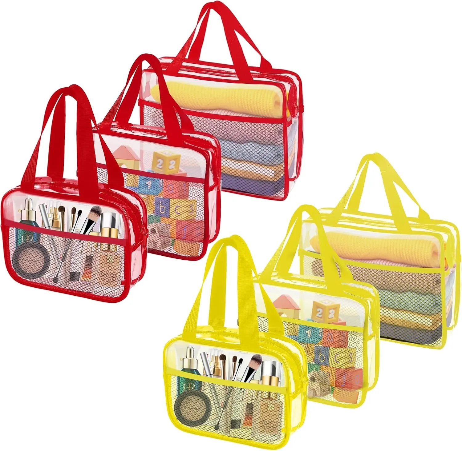 XEWEA Clear Travel Toiletry Bags,6 Pack TSA Approved Transparent Makeup Bag for Men Women, Large Waterproof PVC Quart Organizer with Zipper for Toiletries Airline Essentials,Toy Storage Red Yellow