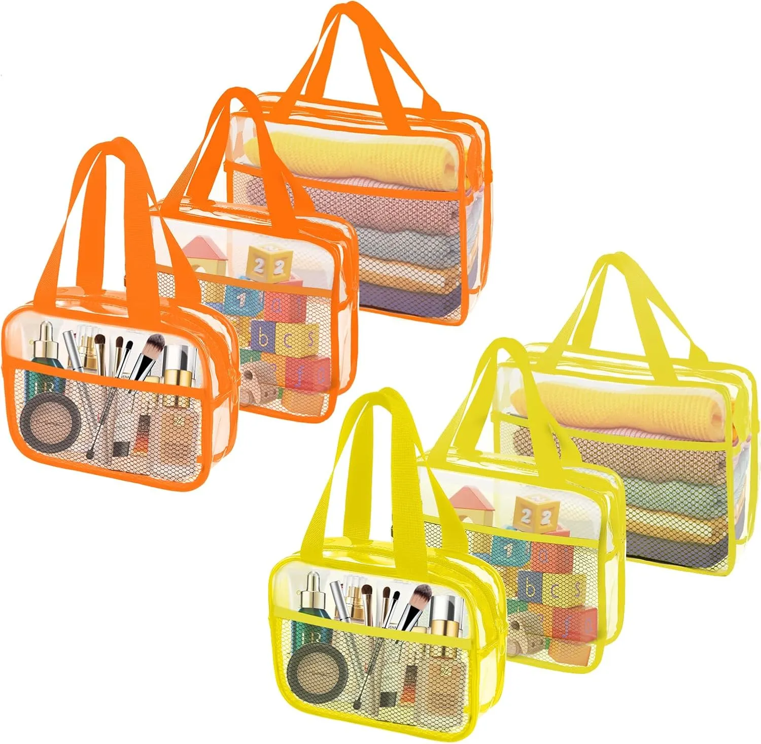 XEWEA Clear Travel Toiletry Bags,6 Pack TSA Approved Transparent Makeup Bag for Men Women, Large Waterproof PVC Quart Organizer with Zipper for Toiletries Airline Essentials,Toy Storage Yellow Orange