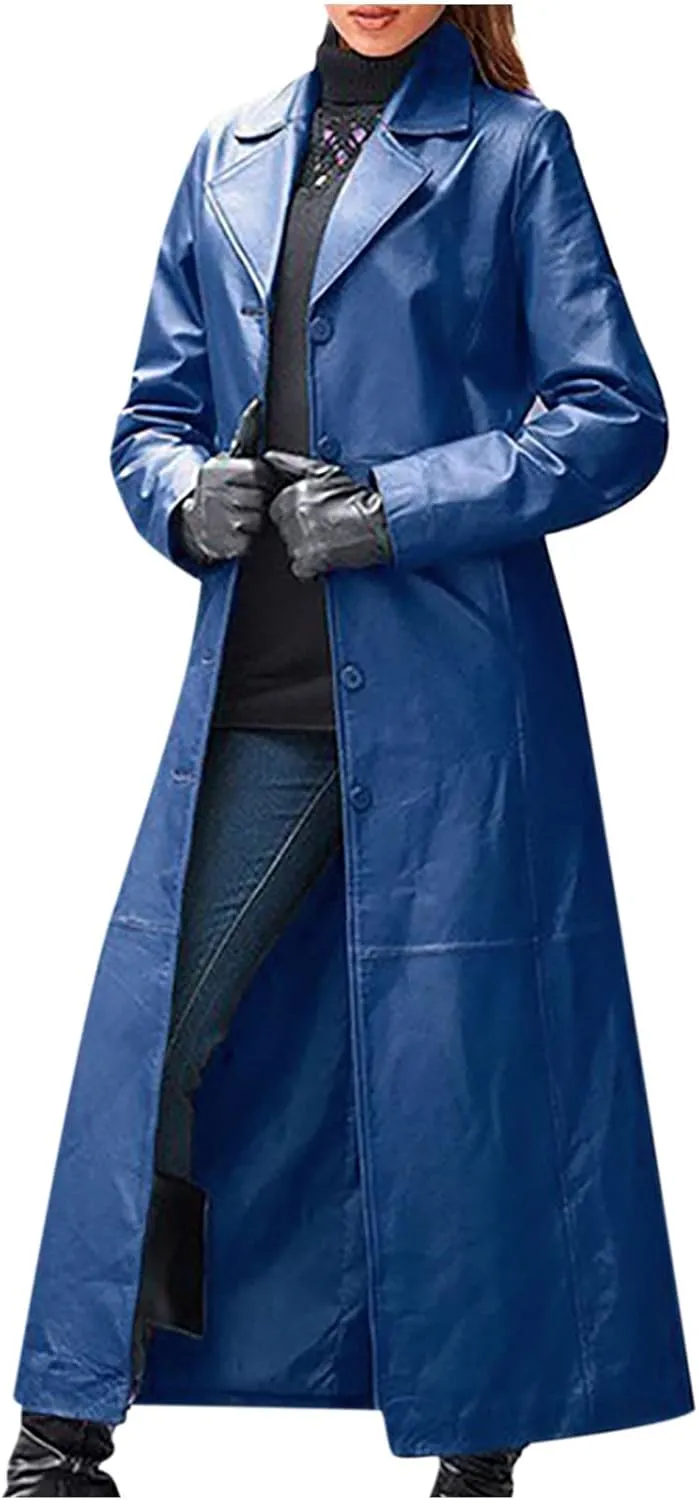 XUNRYAN Womens Faux-Leather Jacket Long Trench Coat Motorcycle Biker Coat Lightweight Notch Lapel Casual Button Up Peacoats