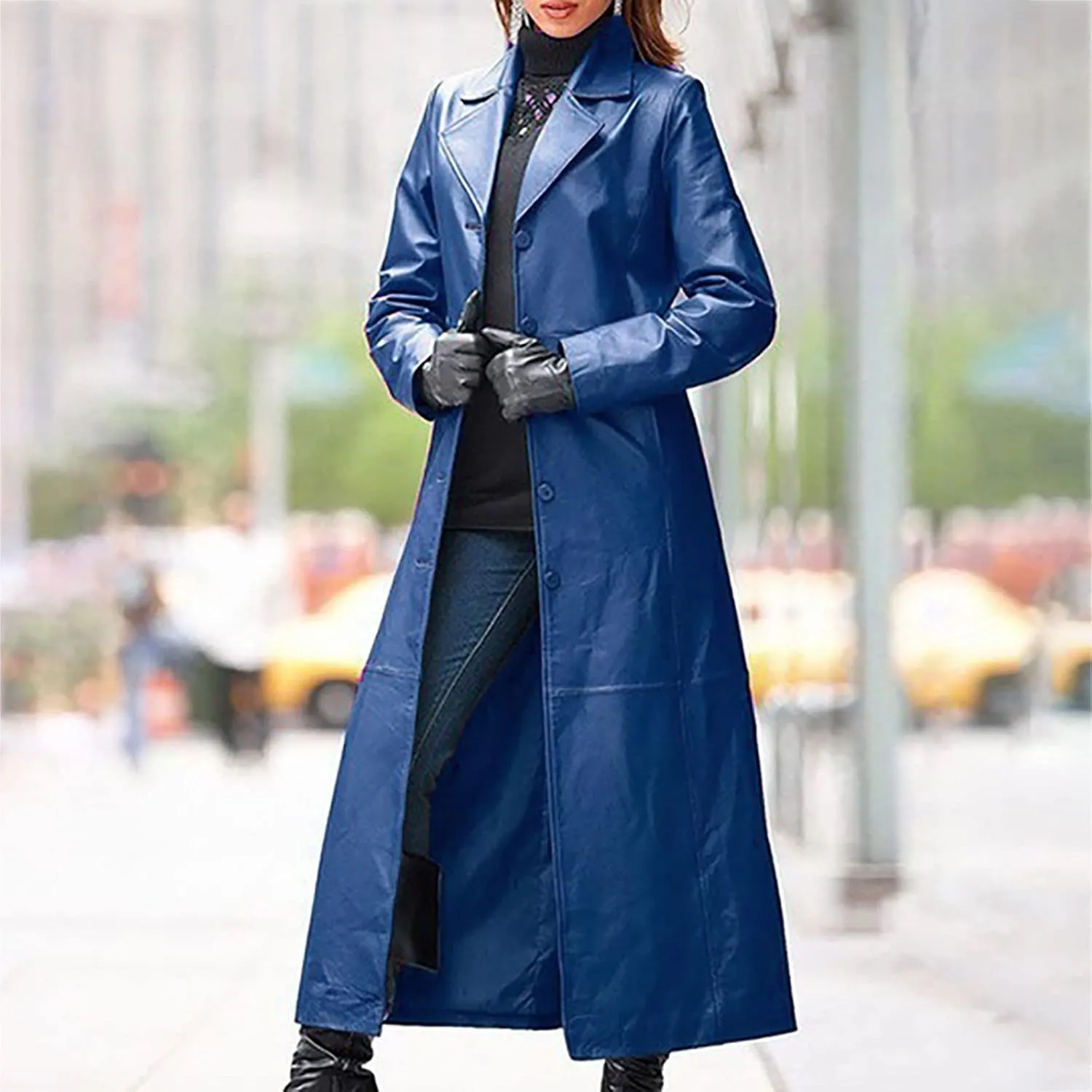 XUNRYAN Womens Faux-Leather Jacket Long Trench Coat Motorcycle Biker Coat Lightweight Notch Lapel Casual Button Up Peacoats