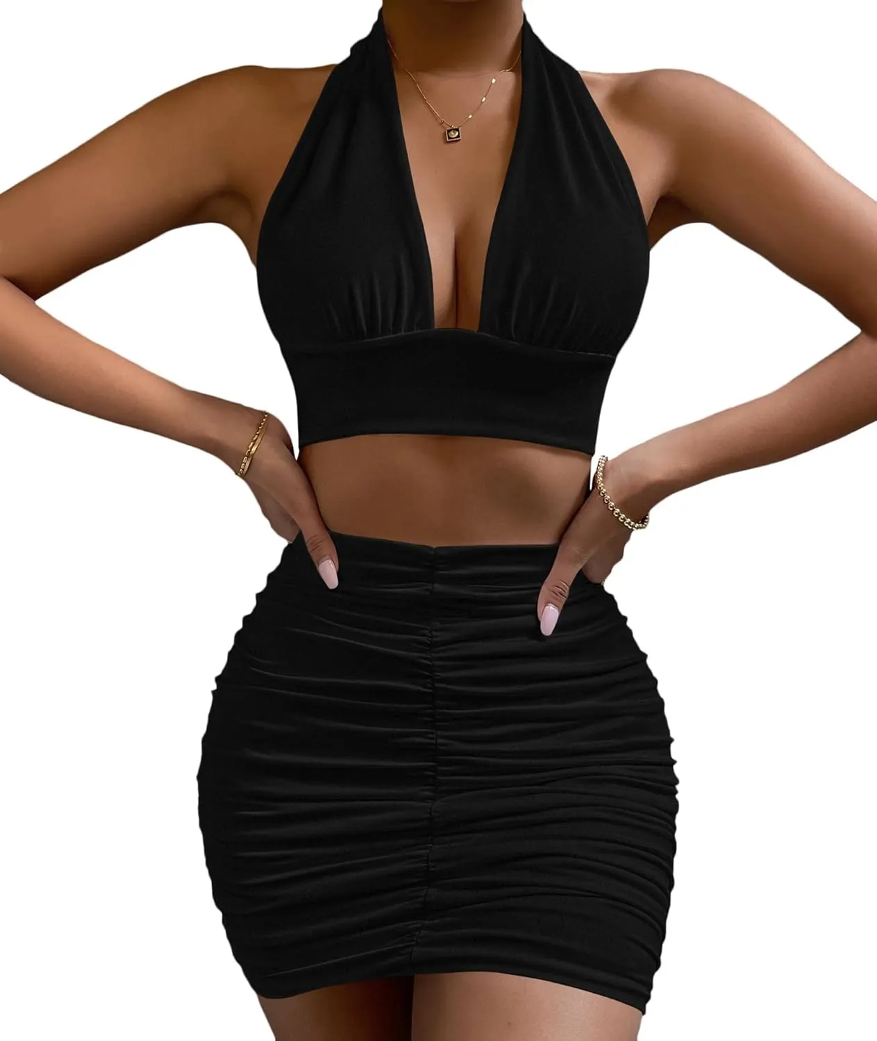 xxxiticat Women's Ruched Skirt Set Sleeveless Bow Knot Halter Tied Open Back Top Pleated Skirt Two Piece Macthing Suit