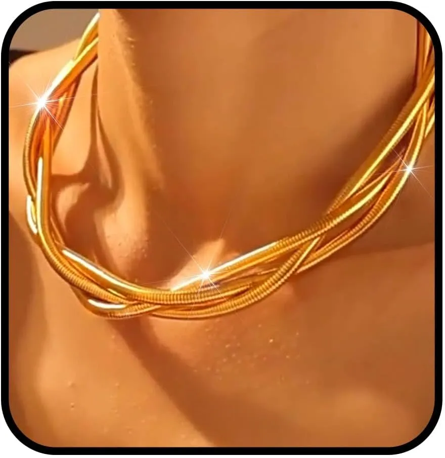 Yalice Gold Chunky Choker Necklace for Women Triple Snake Bone Wrap Choker Chain Necklaces Elastic Twristed Thick Collar African Jewelry Birthday Gift for Her