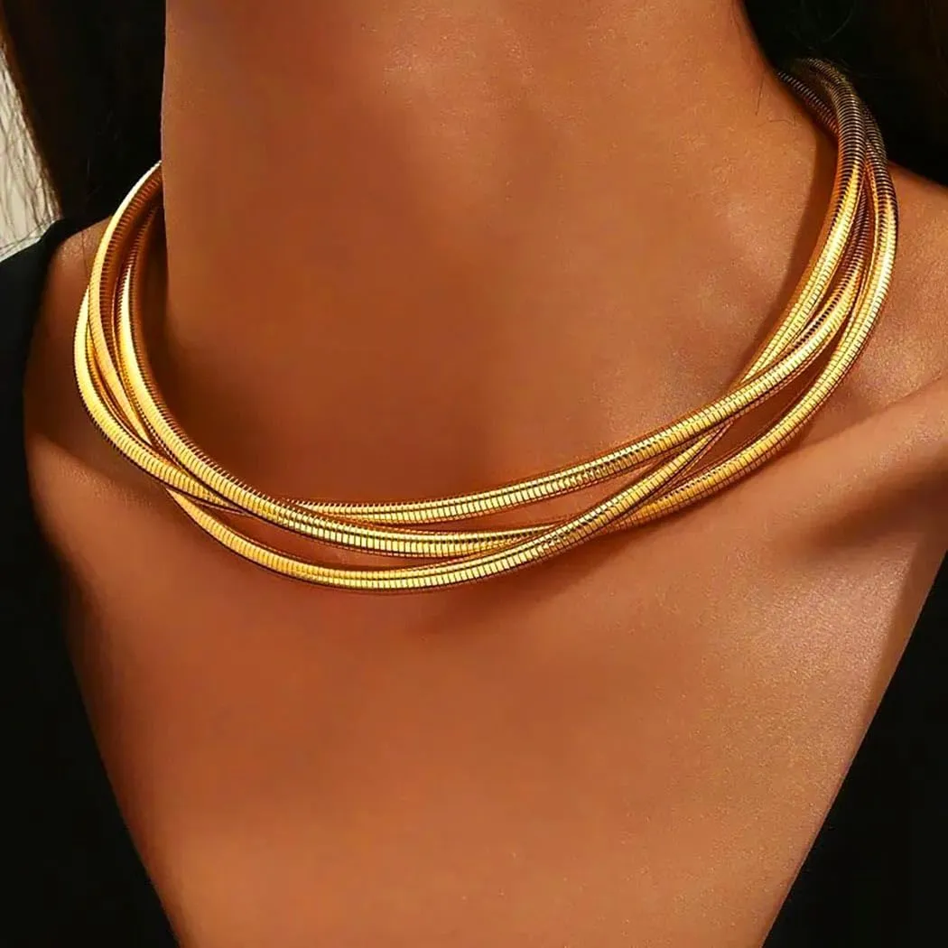 Yalice Gold Chunky Choker Necklace for Women Triple Snake Bone Wrap Choker Chain Necklaces Elastic Twristed Thick Collar African Jewelry Birthday Gift for Her