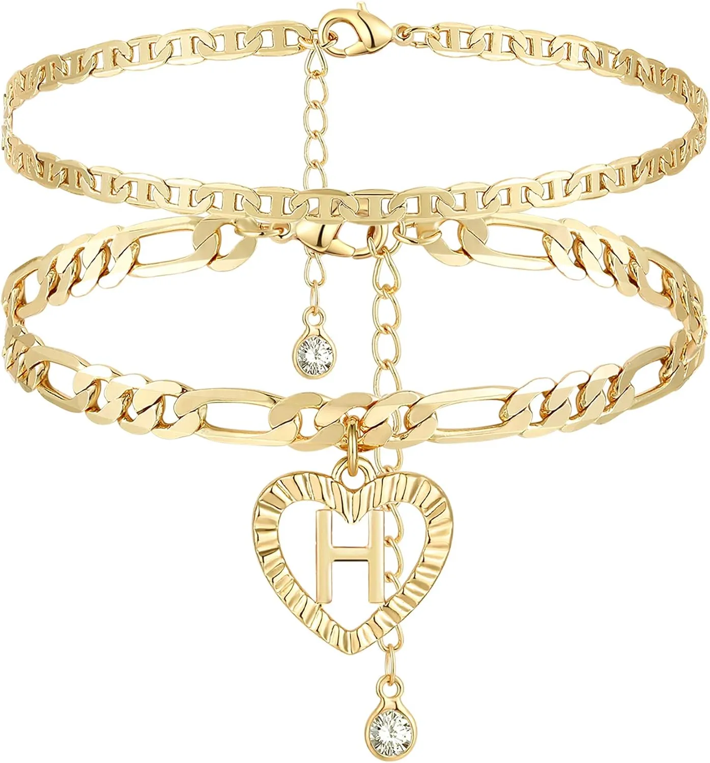 YANODA Initial Ankle Bracelets for Women 14K Gold Plated Layered Figaro Chain Letter Initial Anklets Handmade Layered Heart Ankle Bracelets Personalized Jewelry for Women