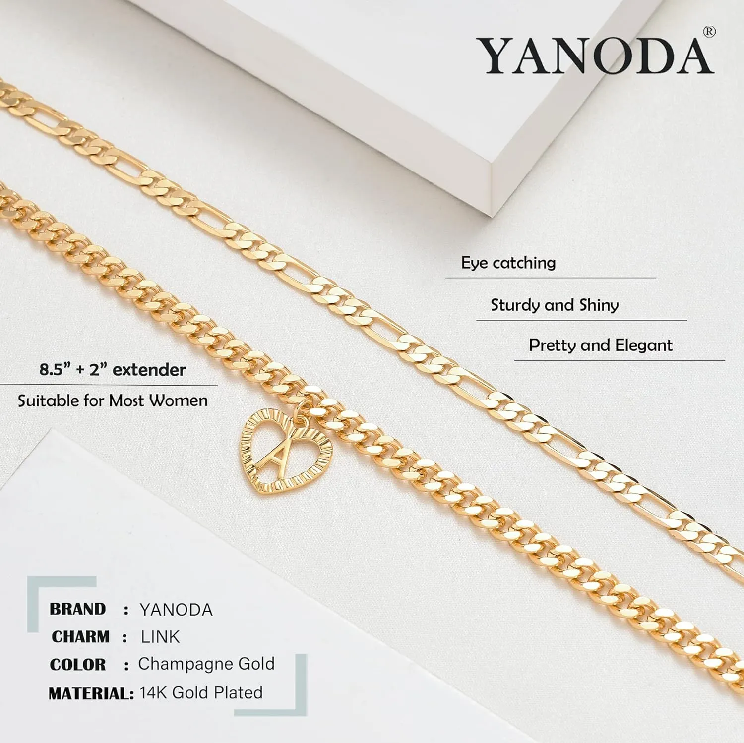 YANODA Initial Ankle Bracelets for Women 14K Gold Plated Layered Figaro Cuban Chain Letter Initial Anklets Handmade Letter A-Z Gold Anklets for Women Foot Jewelry Gifts