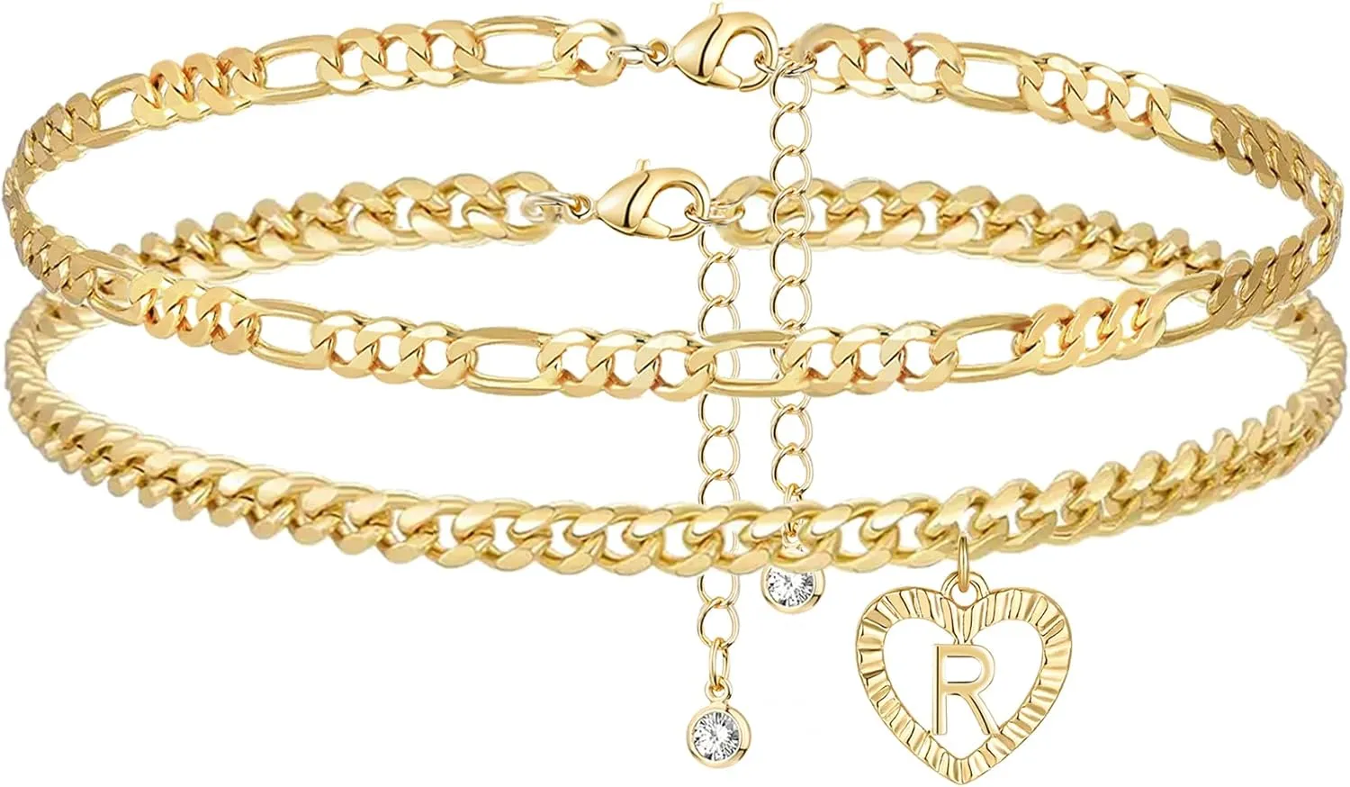YANODA Initial Ankle Bracelets for Women 14K Gold Plated Layered Figaro Cuban Chain Letter Initial Anklets Handmade Letter A-Z Gold Anklets for Women Foot Jewelry Gifts