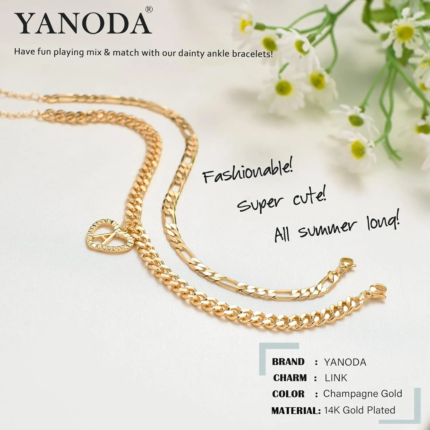 YANODA Initial Ankle Bracelets for Women 14K Gold Plated Layered Figaro Cuban Chain Letter Initial Anklets Handmade Letter A-Z Gold Anklets for Women Foot Jewelry Gifts