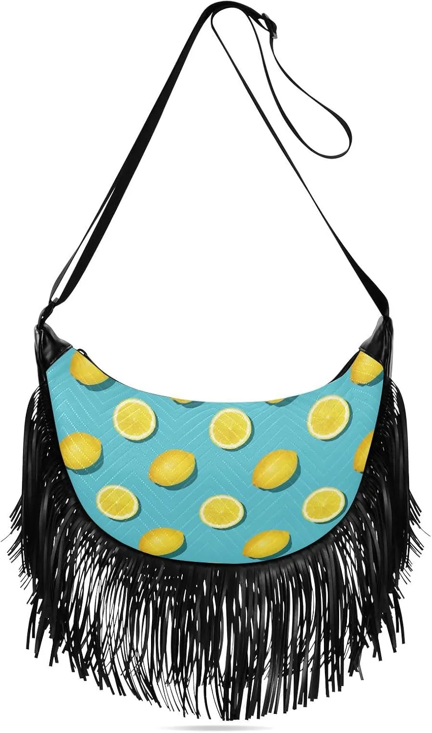 Yellow Lemon Slices Fruit Fringe Bag for Women Cross Body Bag Tassel Shoulder Bag Satchel