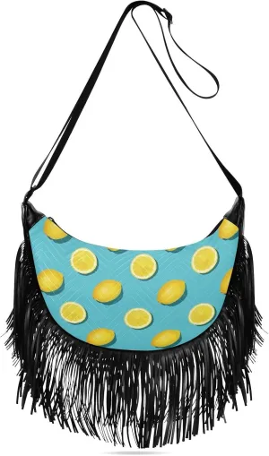 Yellow Lemon Slices Fruit Fringe Bag for Women Cross Body Bag Tassel Shoulder Bag Satchel