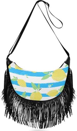 Yellow Lemons Blue Stripes Fringe Bag for Women Cross Body Bag Tassel Shoulder Bag Satchel