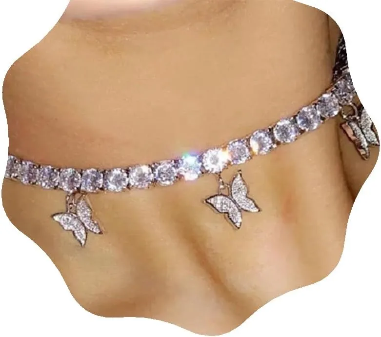 YERTTER Dainty Full Rhinestone Tennis Chain Butterfly Collar Luxury Crystal Rhinestone Statement Clavicle Choker Necklace for Wedding Party Music Bar Women Girls
