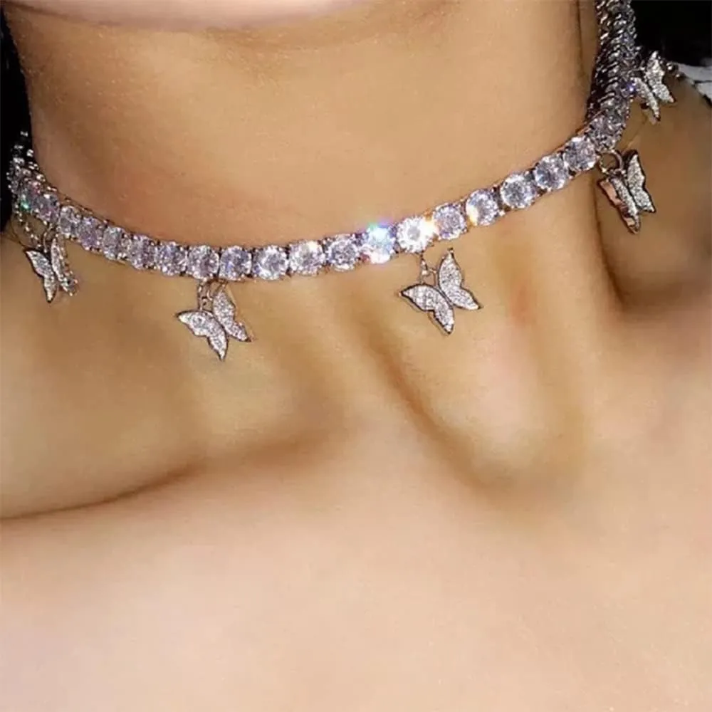 YERTTER Dainty Full Rhinestone Tennis Chain Butterfly Collar Luxury Crystal Rhinestone Statement Clavicle Choker Necklace for Wedding Party Music Bar Women Girls