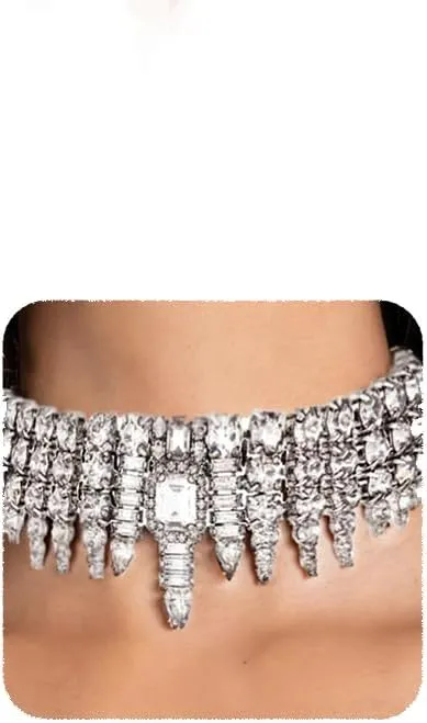 YERTTER Dainty Silver Full Rhinestone Chain Sparkly Collar Chain Choker Statement Tassel Crystal Choker Necklace Adjustable for Party Music Bar Women Silver 4