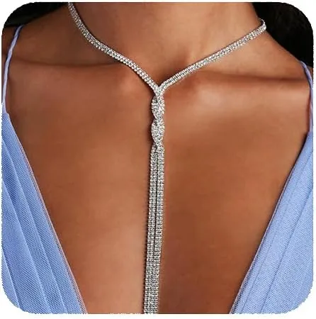 YERTTER Dainty Silver Full Rhinestone Chunky Chain Knot Y Collar Chain CHoker Statement Tassel Crystal Choker Necklace Adjustable for Party Music Bar Women Silver 2