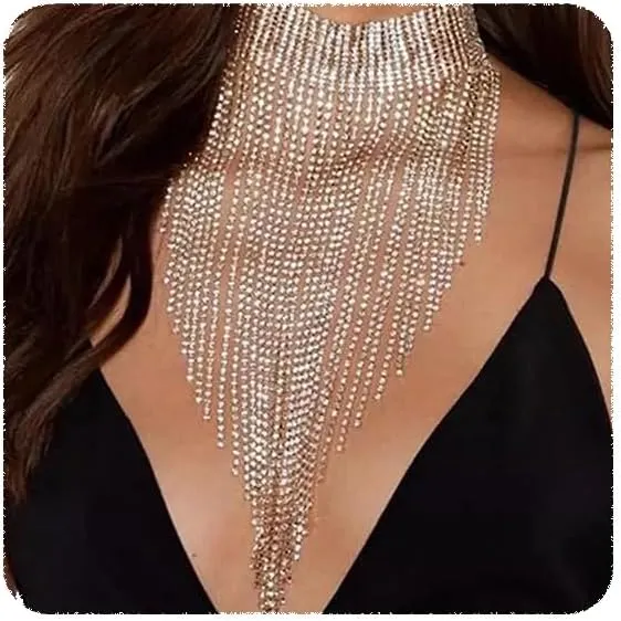 YERTTER Sparkle Full Fringe Rhinestone Y Chain Tassel Chain Exaggrated Collar Tassel Crystal Statement Clavicle Choker Necklace for Wedding Party Music Bar Women Gold 4
