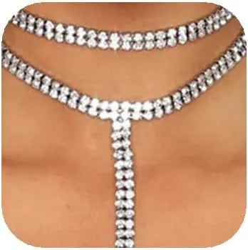 YERTTER Sparkle Gold Full Tennis Rhinestone Y Chain Fringe Chain Adjustable Collar Luxury Tassel Crystal Statement Clavicle Choker Necklace for Wedding Party Music Bar Women Gold 3
