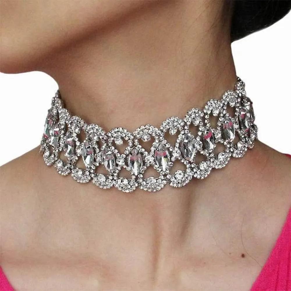 YERTTER Sparkle Silver Rhinestone Oval Crystal Chain Adjustable Collar Luxury Tassel Crystal Rhinestone Statement Clavicle Choker Necklace for Wedding Party Music Bar Womens Silver 1