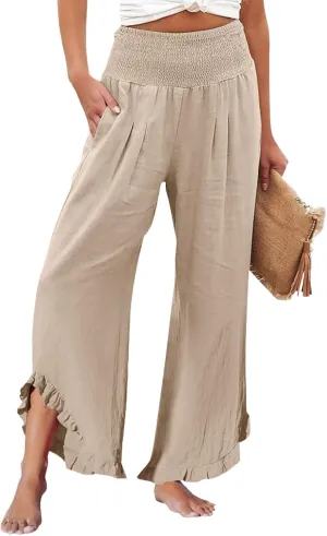 Yoga Pants Women,Stretchy Palazzo Pants for Women Wide Leg Summer Womens Linen Sweatpants Ruffle Hem