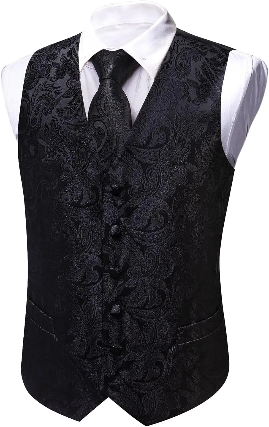 YOHOWA Mens Suit Vest Silk Tie Bowtie Set Paisley Jacquard Formal Waistcoat Clip Hanky Cufflinks Lapel Pin Wedding Party 8PCS