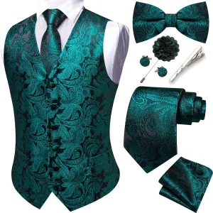 YOHOWA Mens Suit Vest Silk Tie Bowtie Set Paisley Jacquard Formal Waistcoat Clip Hanky Cufflinks Lapel Pin Wedding Party 8PCS
