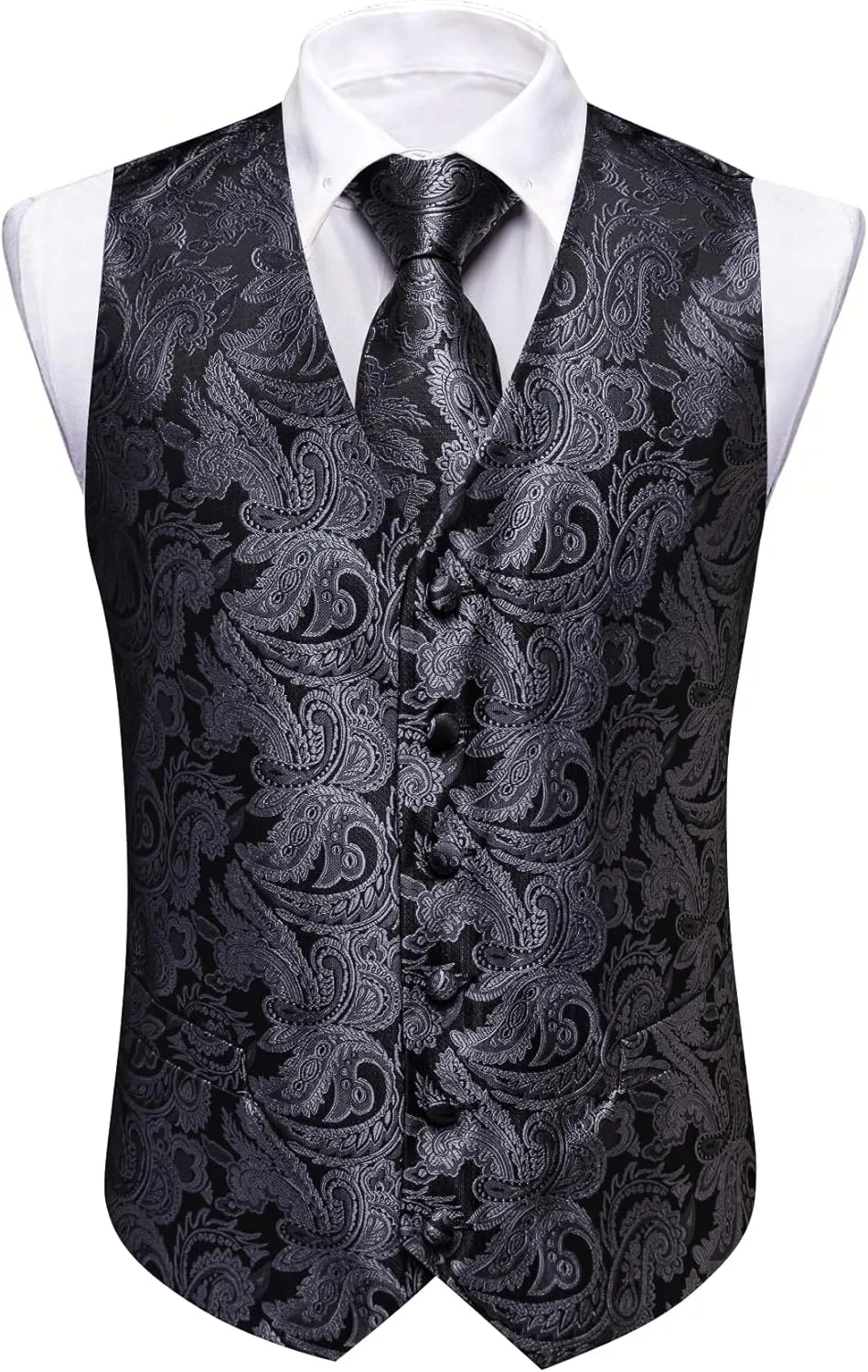 YOHOWA Mens Suit Vest Silk Tie Bowtie Set Paisley Jacquard Formal Waistcoat Clip Hanky Cufflinks Lapel Pin Wedding Party 8PCS
